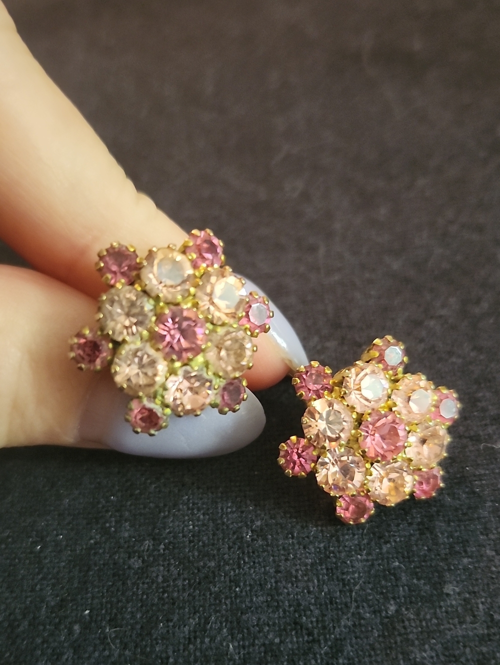 Vintage Light Pink And Dark Pink Crystal Cluster Post Rhinestone  Earrings